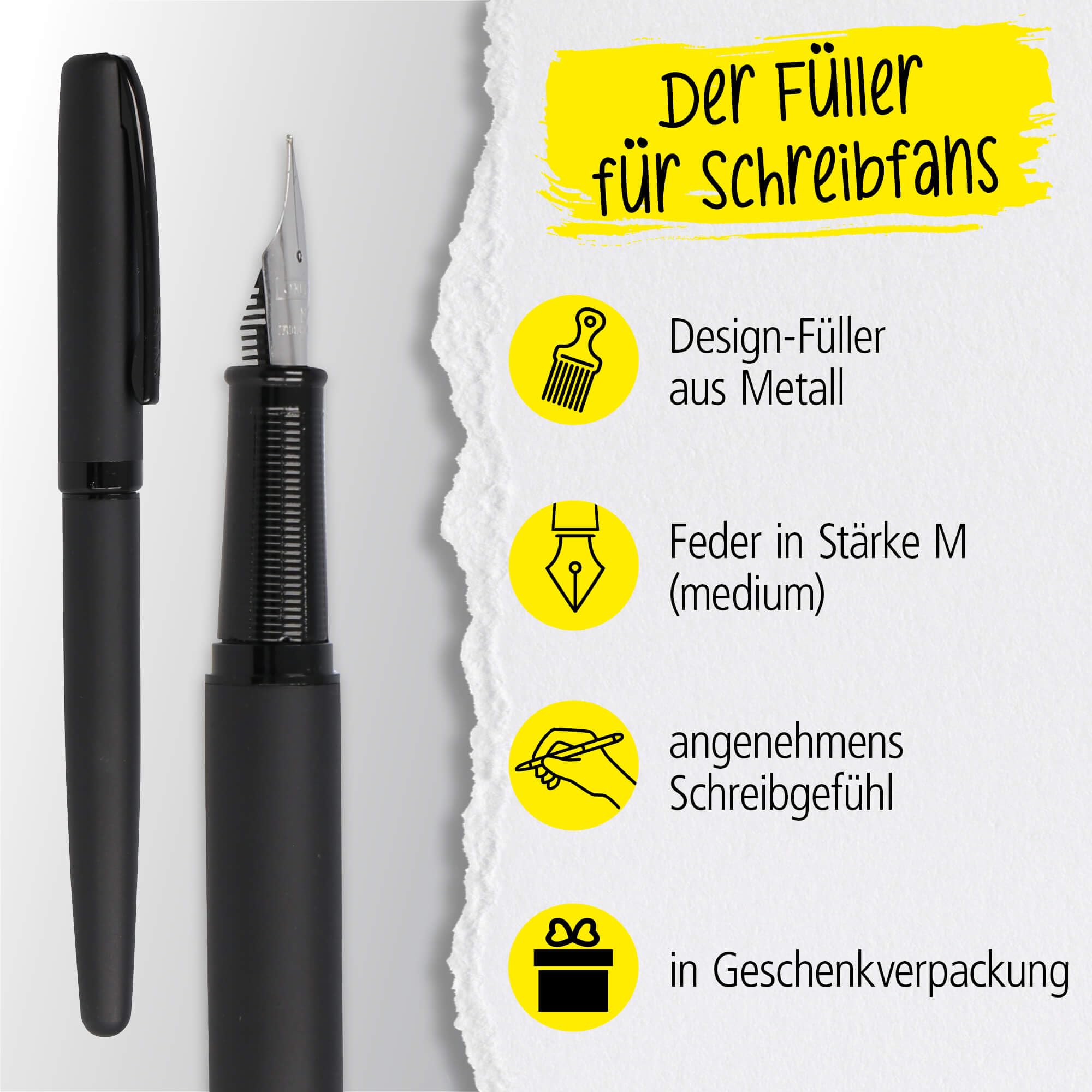 Online Juego de escritura Eleganza Pure Black I contiene bolígrafo, pluma estilográfica y estuche de piel auténtica, 3 piezas, en caja de regalo, pluma estilográfica para cartuchos estándar, Kulli con