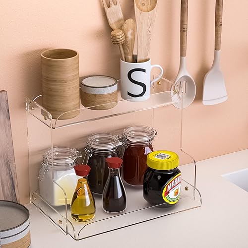 Miniatura 6 de Organizador acrílico de 2 niveles para encimera de baño, estante de esquina, bandeja de tocador, organizador de tocador para almacenamiento de