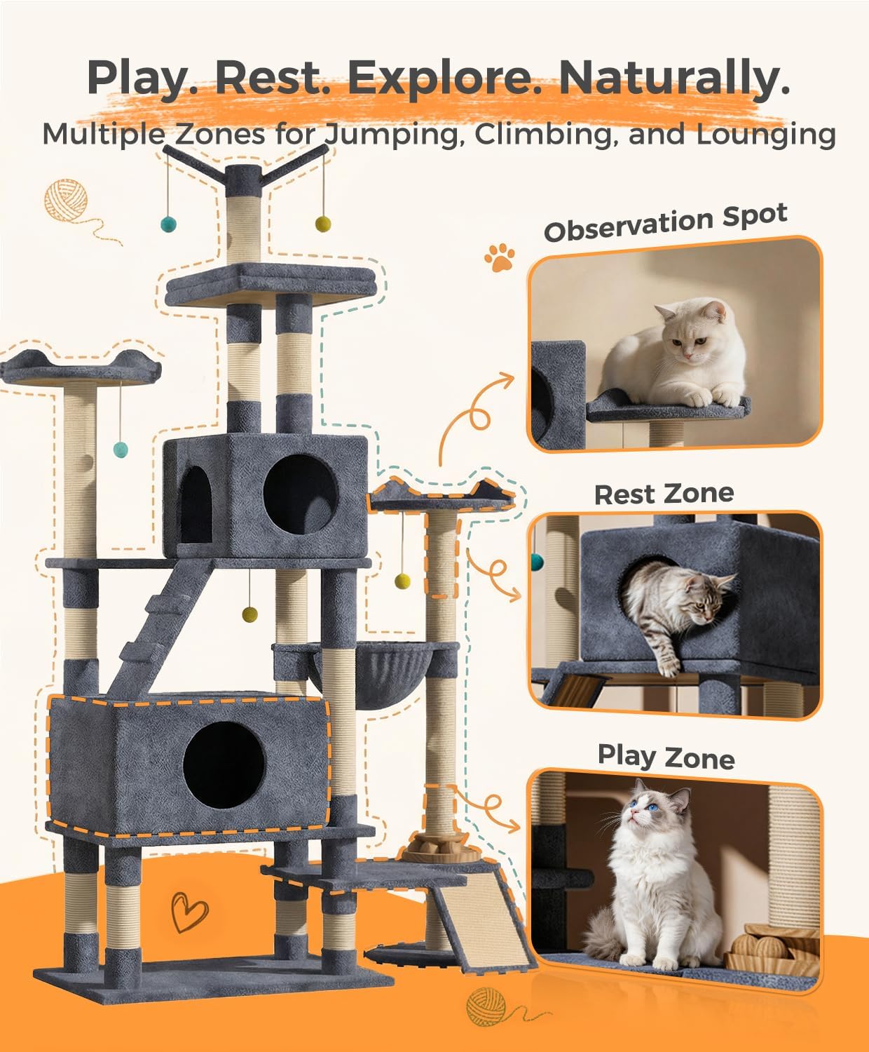 Catlike【Rock-Solid Real Wood】 76“ Tall Cat Tree for Large Cats, No Wobble Even at the Top, Extra-Large Condos for Maine Coons & Big Cats, Indoor Cat Tower with Scratching Posts, Perches & Hammmock