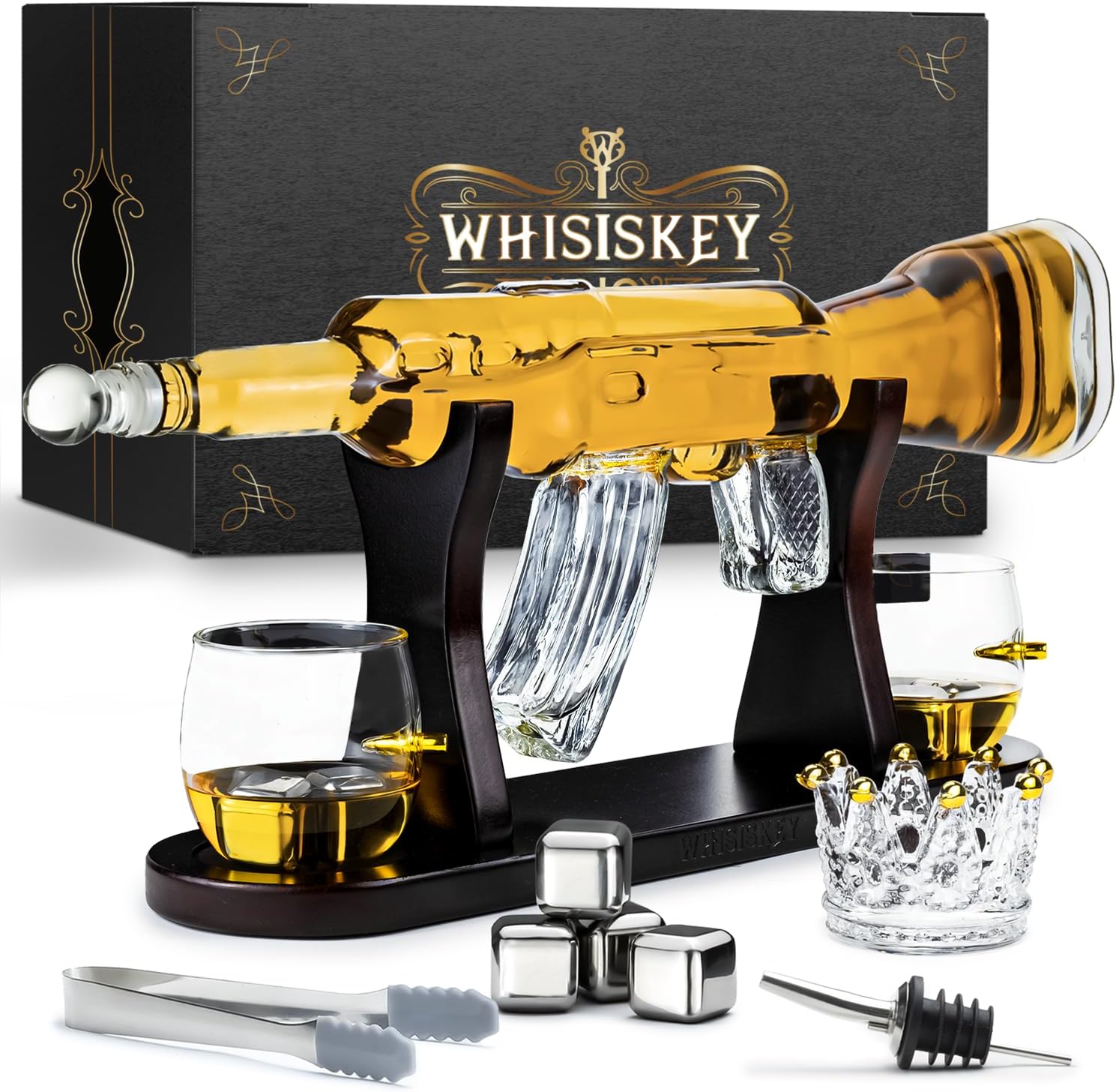 WHISISKEY - Whiskey Decanter Set - 1000ML Carafe - Whiskey Gift Sets for Men - Whisky Set - Glass Gifts for Men - Inc. 2 Whiskey Glasses, 4 Whiskey Stones, Accessories