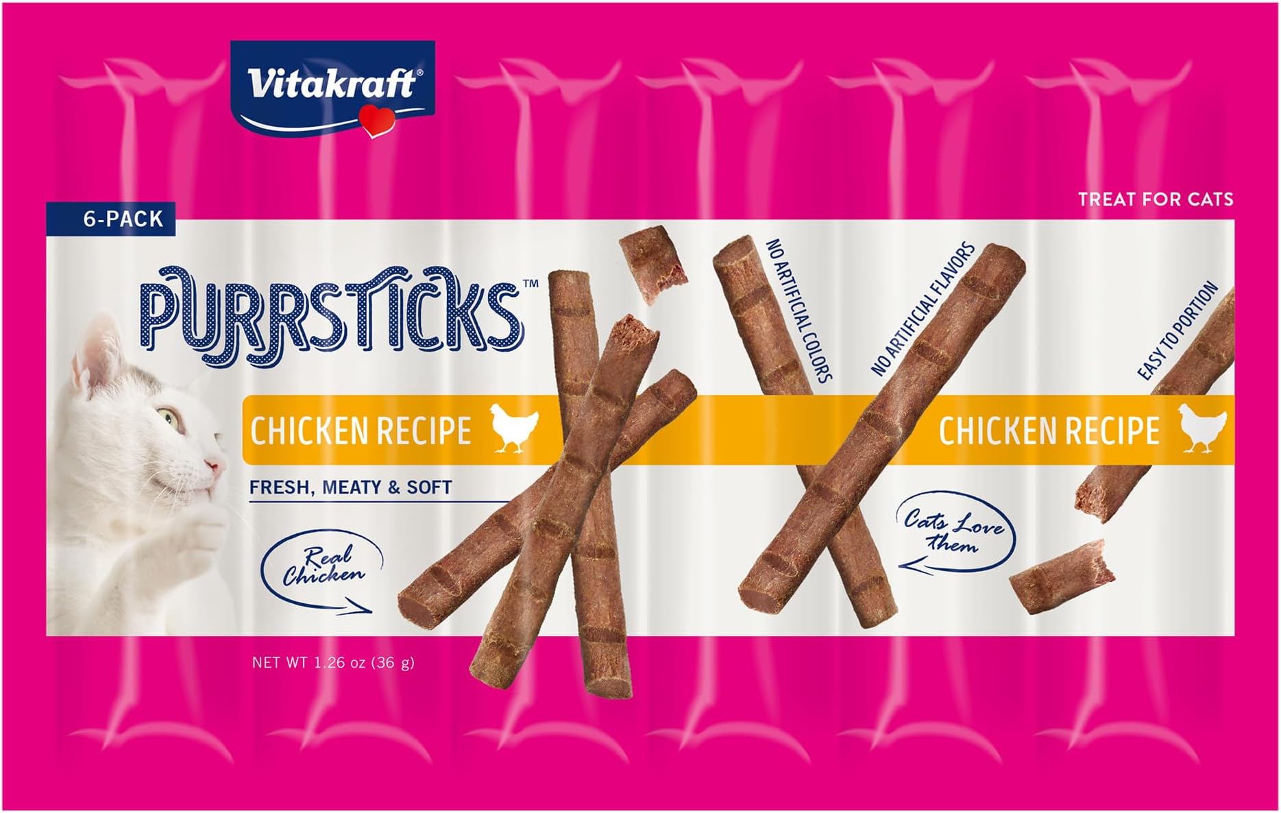 Vitakraft PurrSticks Meaty Cat Sticks - Chicken - Segmented and Breakable Meatstick - Deliciously Tender, 6 Count (Pack of 1)
