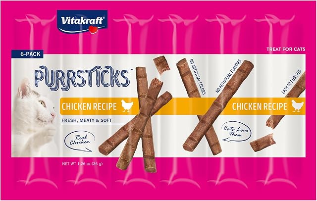 Vitakraft PurrSticks Meaty Cat Sticks - Chicken - Segmented and Breakable Meatstick - Deliciously Tender, 6 Count (Pack of 1)
