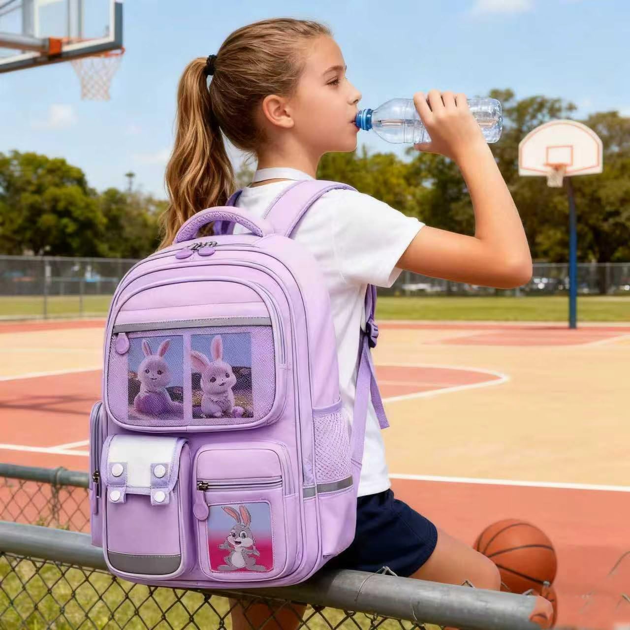 Lightweight School Backpack Purple Bookbag Elementary Middle School Kindergarten Waterproof Mochila Para Niñas Set With Lunch Box And Pencil Pouch Anti-Theft Combination Lock Backpack Kids