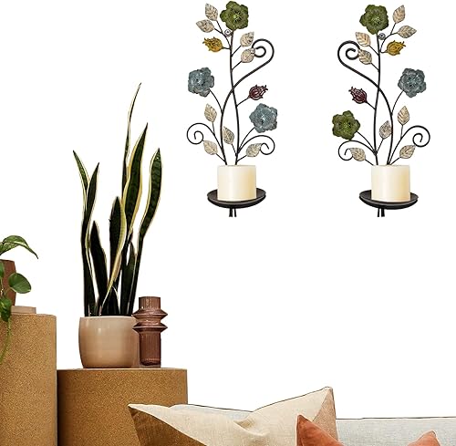 Miniatura 9 de Juego de 2 candelabros de pared, diseño de ramas de hojas multicolor antiguas, soporte de pared de metal para colgar velas para sala de estar,