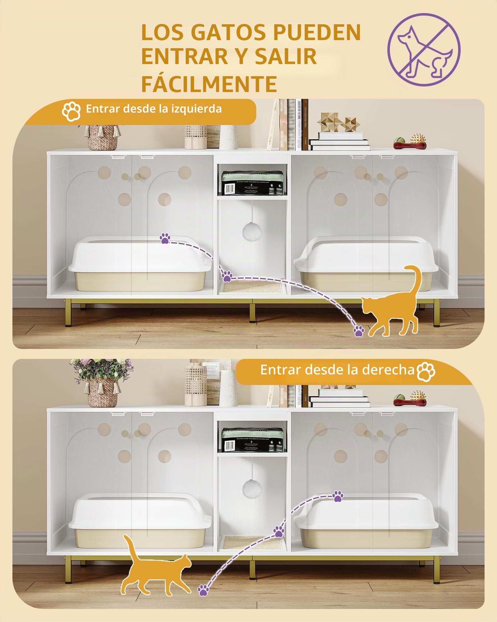 Hzuaneri Mueble Arenero Gato, Oculto para Arenero con Espacio de Almacenamiento, Bola para Gatos, Mueble de TV o Armario de Almacenamiento, 140 x 48 x 62 cm, Blanco-Oro CB86513A