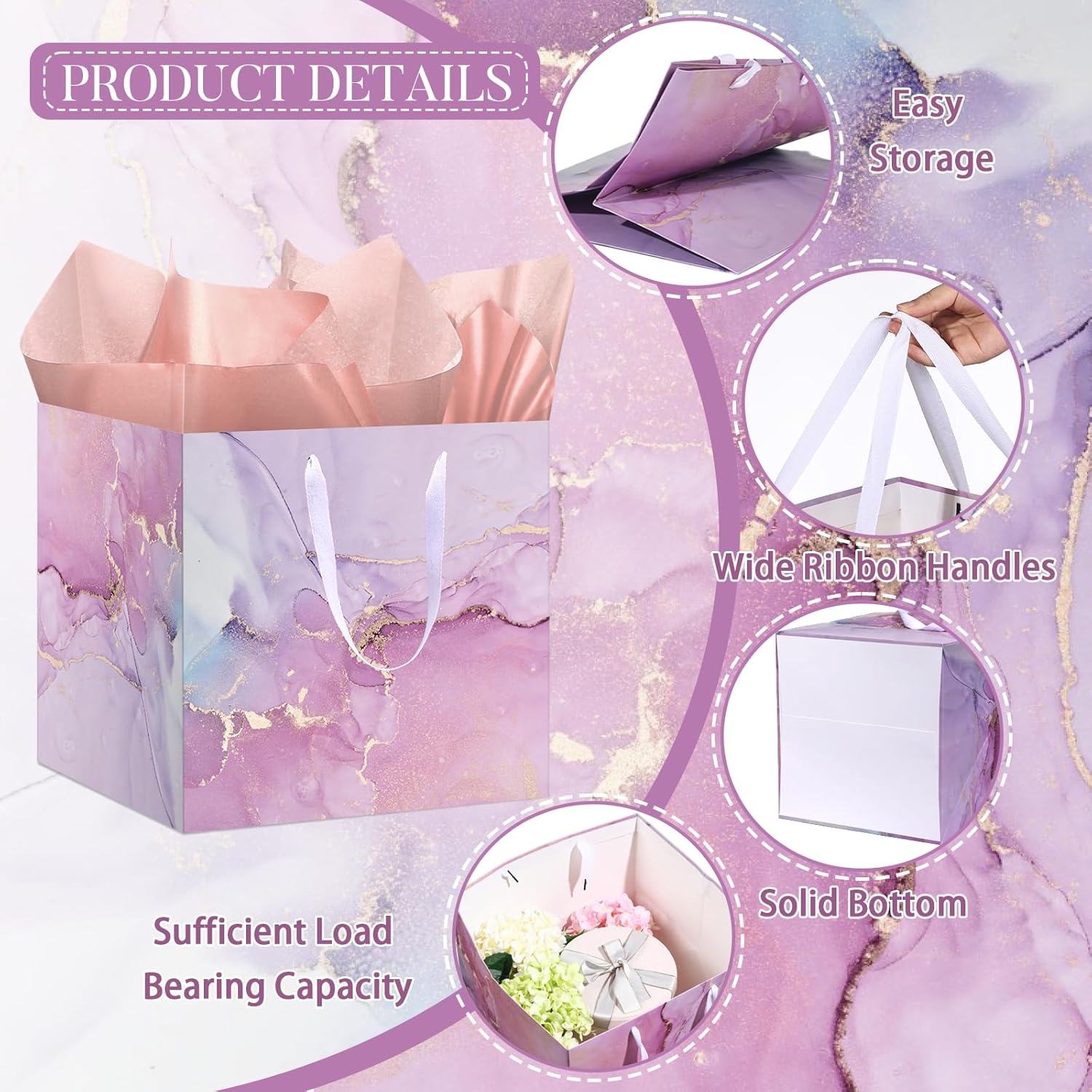 11.8" Extra Large Gift Bag Colorful Marble Square Giant Gift Bag with Handles and Tissue Paper Big Present Bag Pink Purple Wrapping Paper Bag for Birthday Wedding Christmas Baby Shower Party Supplies - Image 3