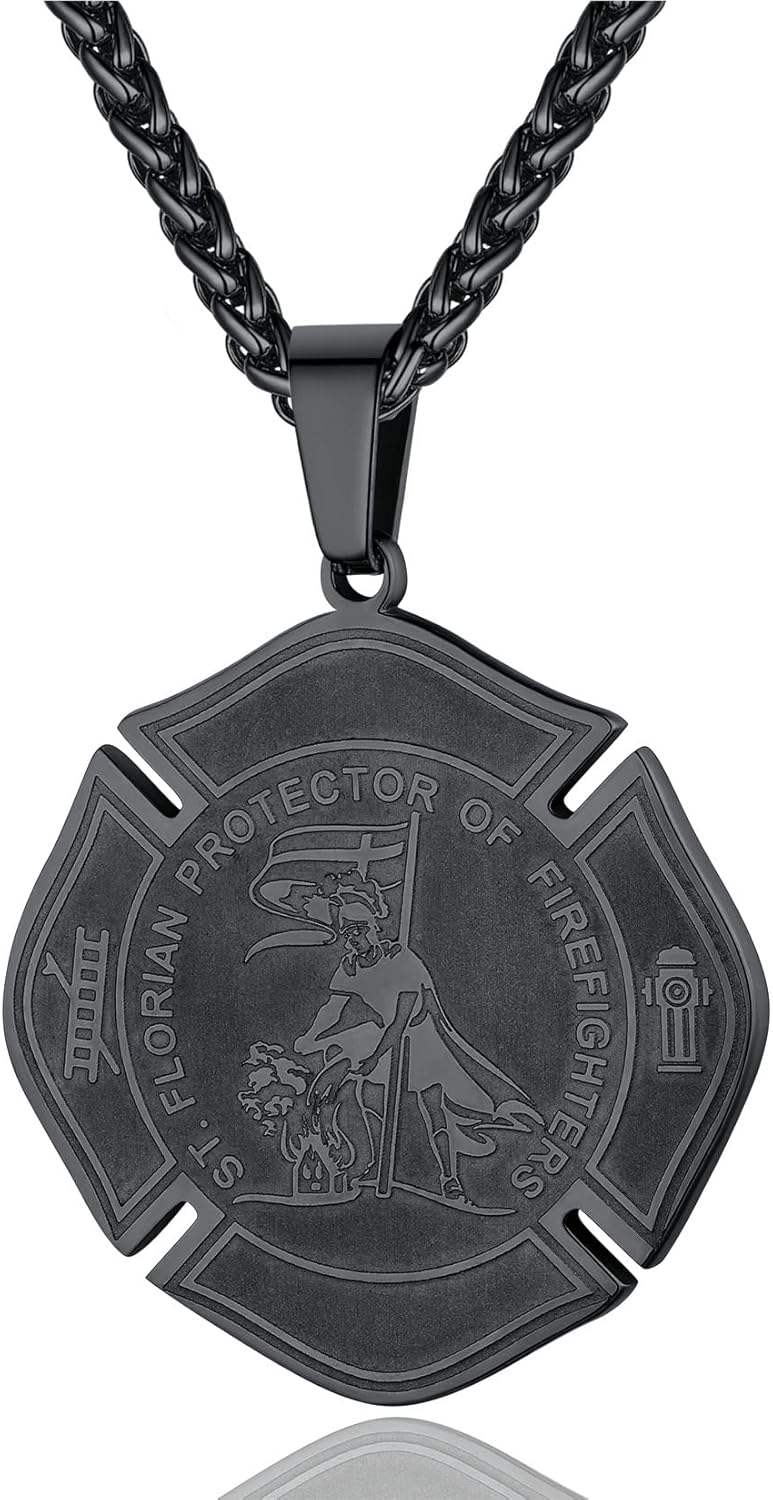 ChainsProMax Collar con colgante de San Florian para hombre con cadena de 22 + 2 pulgadas, puede grabar, acero inoxidable, chapado en oro, caja de