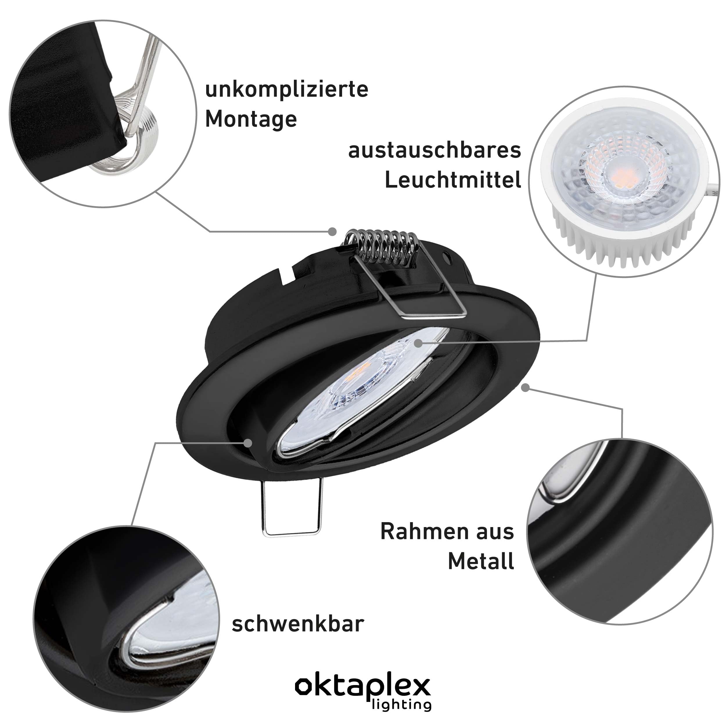 Oktaplex 6x Dijon Einbaustrahler LED 230V dimmbar Schwenkbar ultra flach | 22mm Einbautiefe, 3000K Warmweiß, Lochmaß 68mm, 5W, 380lm, 110° Deckenspots Schwarz