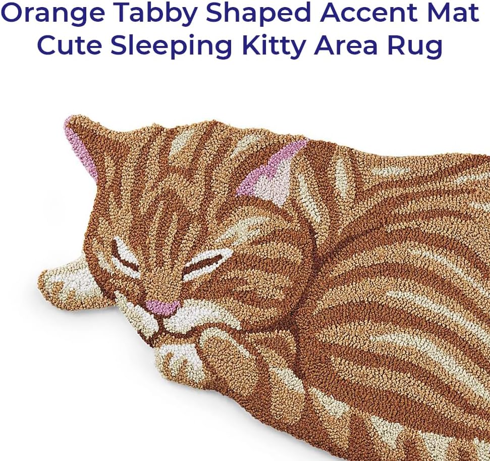 SAGEFINDS Hand Hooked Cat Rug | Orange Tabby Shaped Accent Mat | Cute Sleeping Kitty Area Rug | 17” x 35”