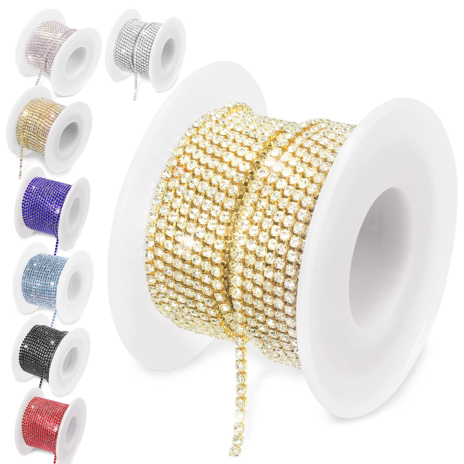 Keadic 1 Roll 10 Yards 2 MM Crystal Rhinestone Close Chain, Claw Cup Roll Sew on Trim for Wedding Party Jewelry DIY Decoration (Gold Base + White)