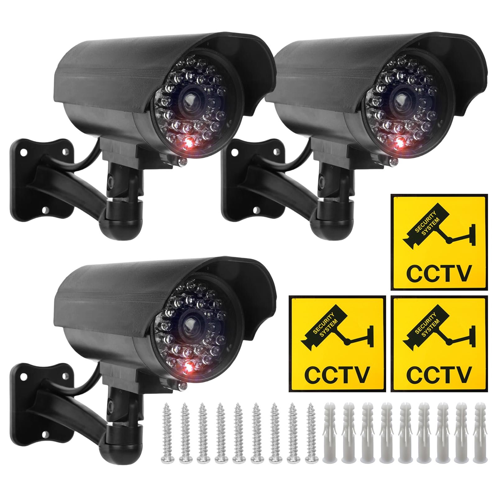 Sporgo Caméra Factice 3 Pièces: Caméra de Surveillance Factice Extérieure avec Lumière LED Rouge Clignotante, Caméra de Surveillance Factice Fausse Caméra de Sécurité pour Intérieur et Extérieur (Noir