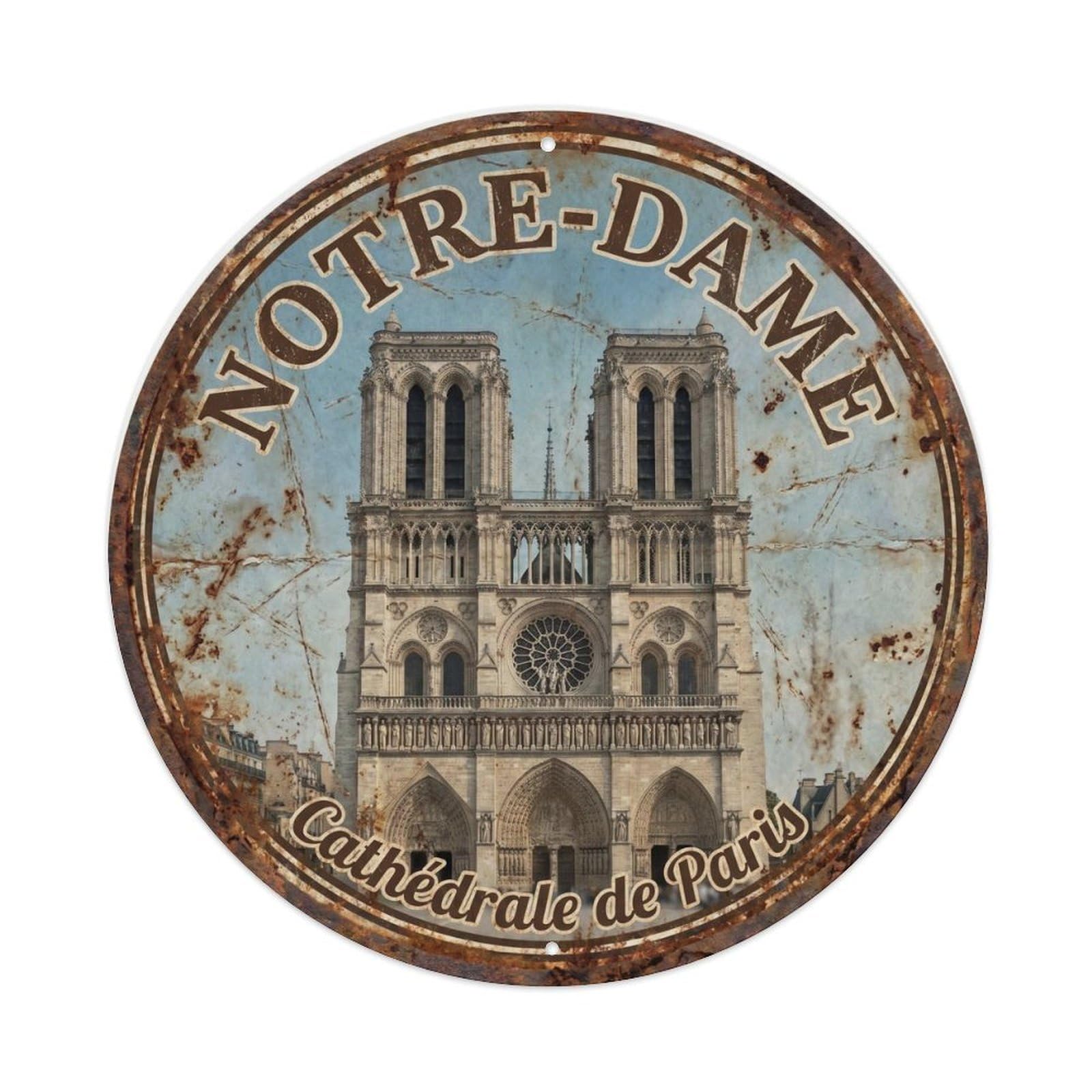 Vintage Travel Notre Dame Parisian Metal Tin Sign Plaque Wall Decor for Cafe, Club Bar, Office, Home Garden Round Metal Poster 8x8Inch