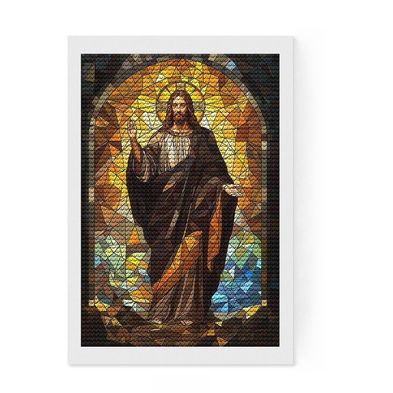 Junmoney Stained Glass Jesus Diamond Art Kit 8"x12", Easy to Follow Symbols, Mindful Craft Activity, Bedroom Decor, Christmas Gift