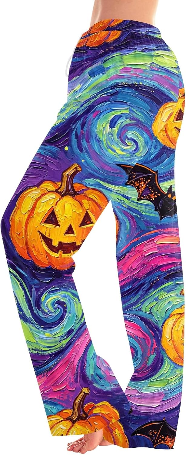 Ladies Black Cat Bat Halloween Drawstring Pajamas Elastic Waist Wide Leg Pants Sleep Lounge Bottoms Holiday Pjs