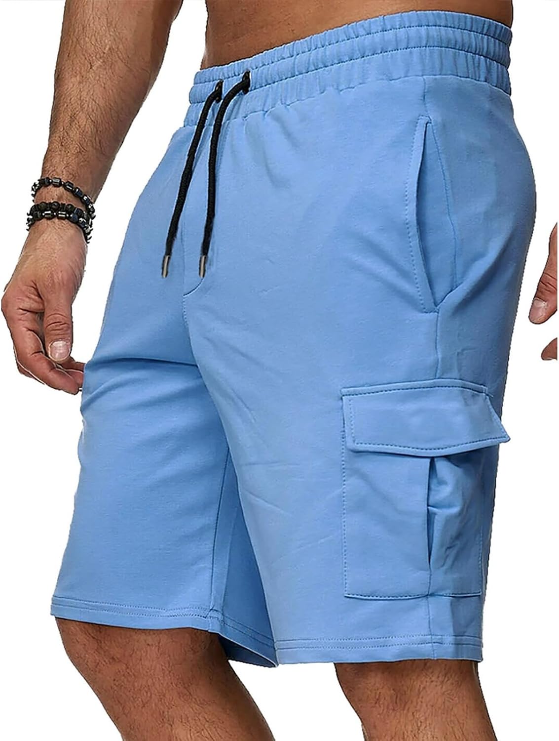 Men's Soft Fabric Cargo Shorts Summer Elastic Waist Drawstring Shorts with Side Cargo Pockets for Casual Wear