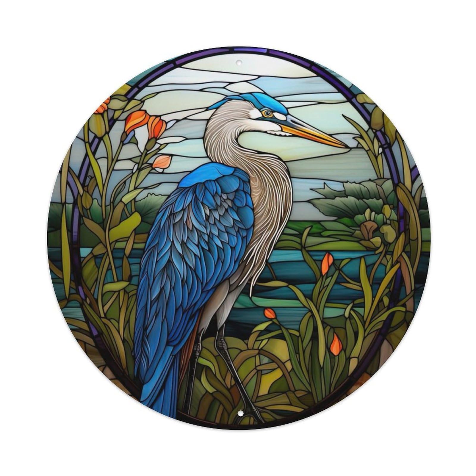 Animal Artwork Poster Heron by The River Vintage Metal Tin Sign Plaque Wall Decor for Cafe, Club, Garden Round Metal Poster 8x8Inch