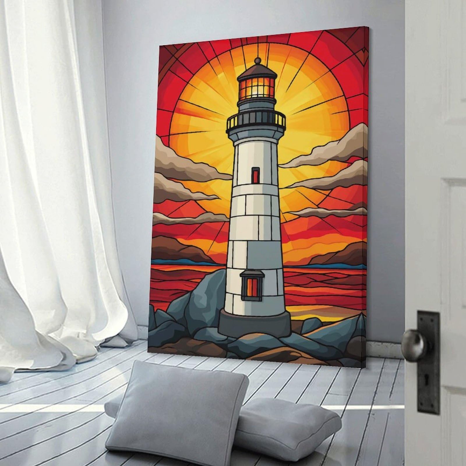 Junmoney Wall Picture Print Lighthouse Sunset, 20x30inch(50x75cm), for Workspace Walls, Study Corners Or Bedrooms, A Smart Decor Choice for Study Walls