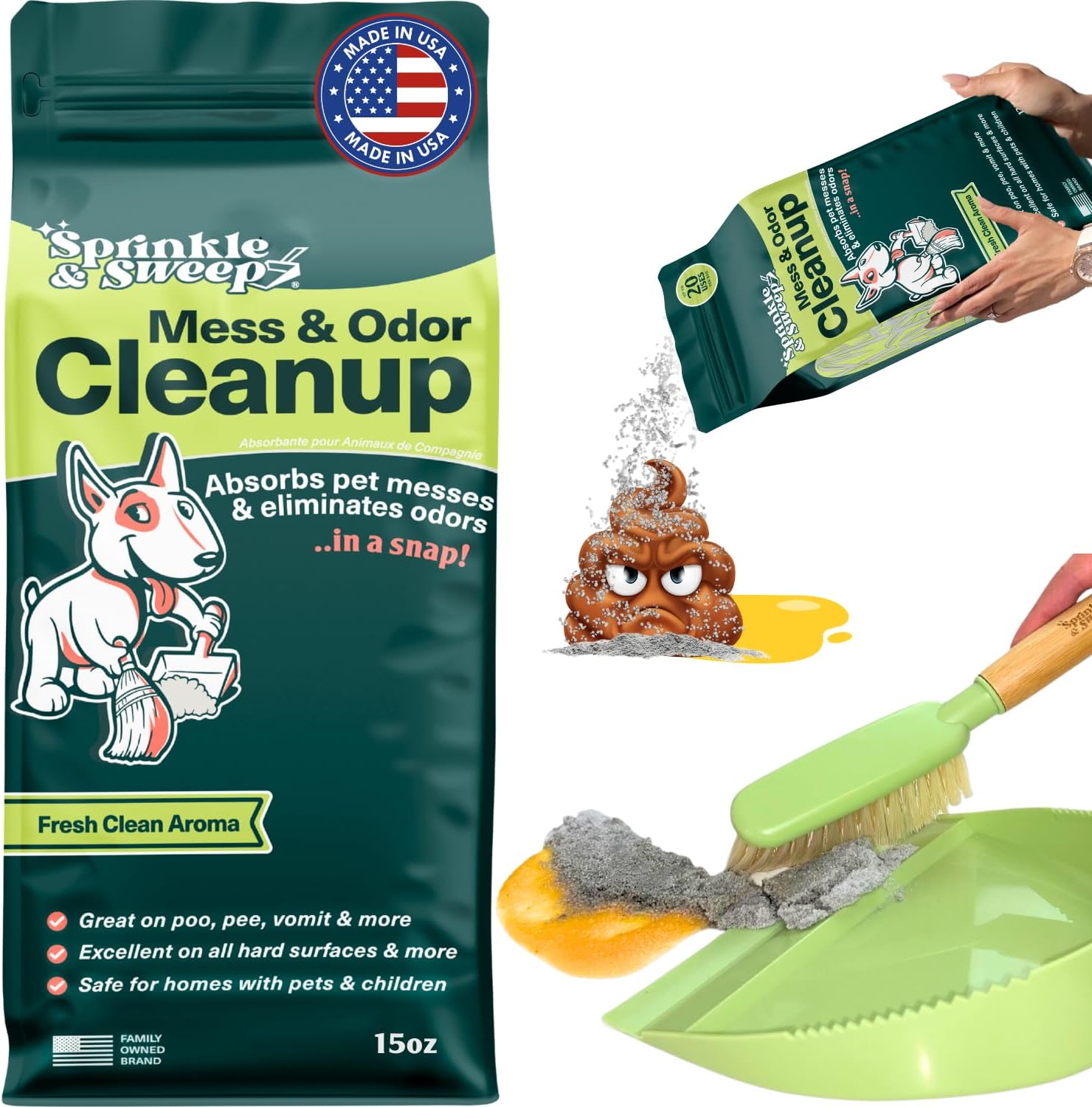 Sprinkle & Sweep Pet Accident Cleanup for All Hard Surface - Non Toxic Quick Pet Mess Cleaner & Odor Remover for Urine, Poop, Vomit, Diarrhea & Potty Training 1 Pack (15oz)