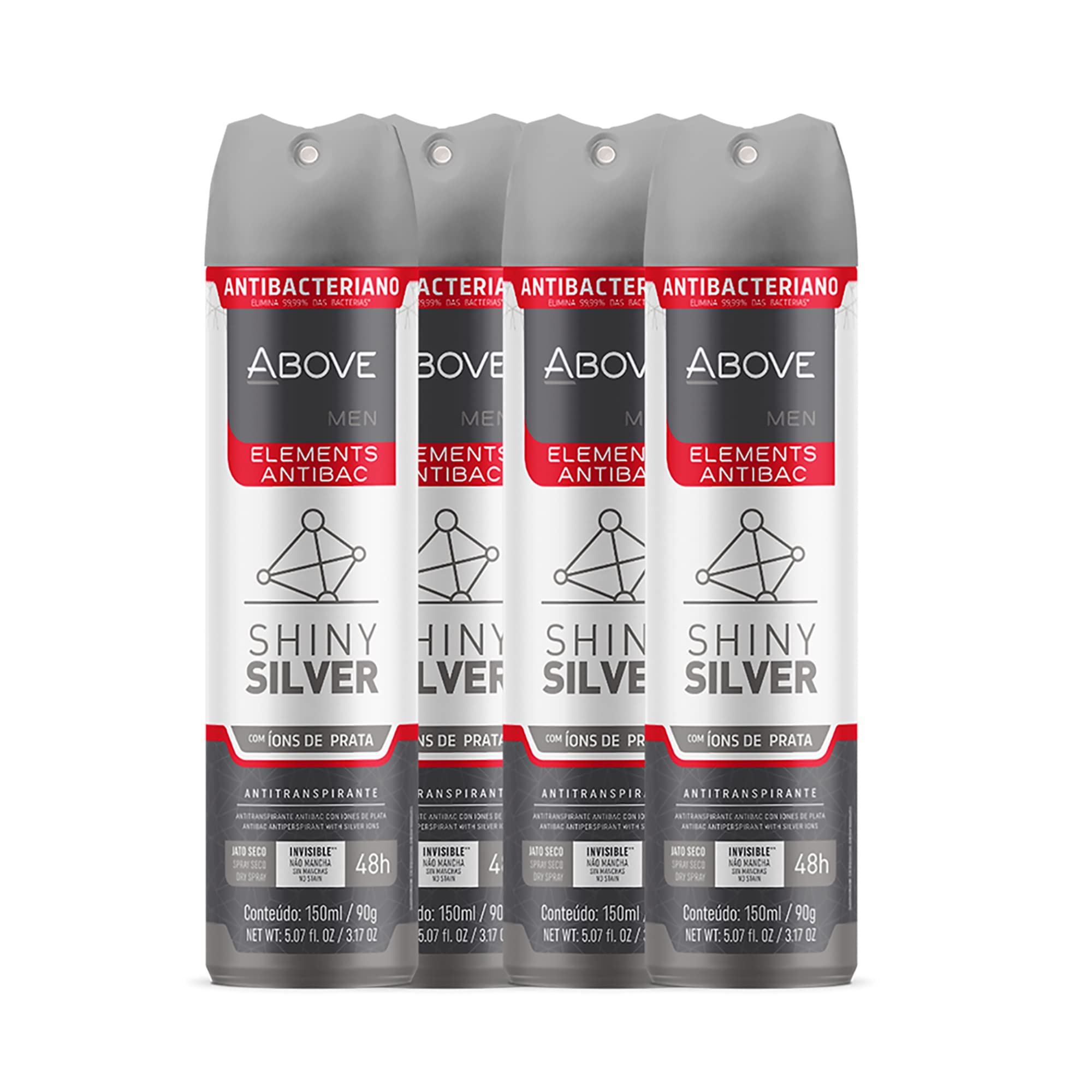 ABOVE Shiny Silver - 48 Hours Elements Antiperspirant Deodorant Set for Men - Notes of Jasmine and Mint - Dry Spray Protects Against Sweat and Body Odor - Instant Freshness - Stain Free - 4 pc