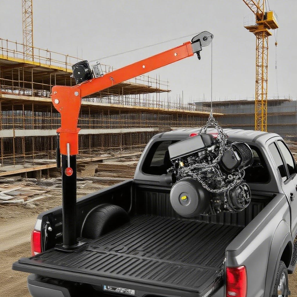 360° Swivel SShop Crane with 1100lbs Capacity, Foldable Truck Hitch Crane & 12V 3500Lbs Hoist, Heavy-Duty Truck Lift for Construction Material Handling