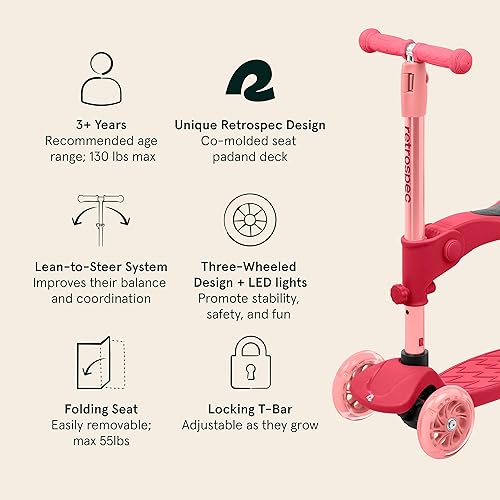 Vista 14 de Retrospec Chipmunk Plus - Patinete de 3 ruedas para niños de más de 3 años, altura ajustable, aprende a conducir, asiento plegable, luces LED