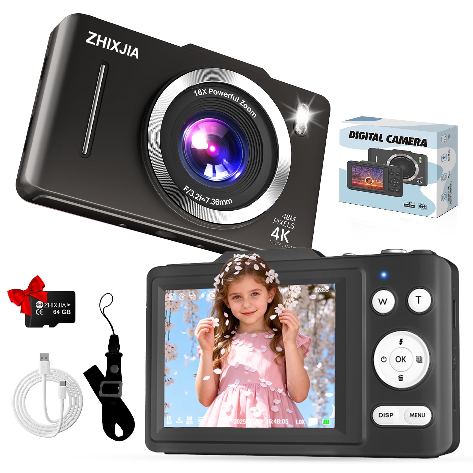 Digital Camera, Autofocus 4K Point and Shoot Digital Cameras with 16X Zoom Anti Shake, 48 MP Cameras for Photography with 64GB Card, Compact Portable Small Camera for Kids Girls Boys Beginners, Black-image-3
