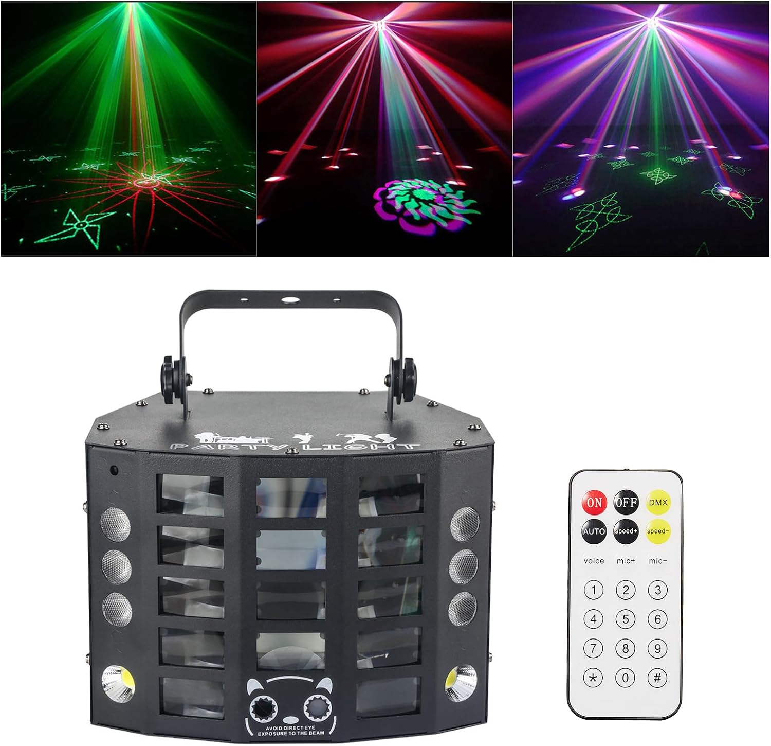Party Lights Dj Disco Light 4in1 Led Strobe Lights Wash Light Led Butterfly Beam Effect and Red Green Beam Gobos Effect,15 Channel DMX with Sound Activated for Christmas Halloween Party