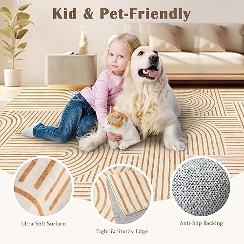 Miniatura 3 de Alfombra lavable de 5 x 7 pies, alfombra bohemia suave para dormitorio, ultra fina, naranja, moderna, abstracta, arco iris, comedor, alfombra