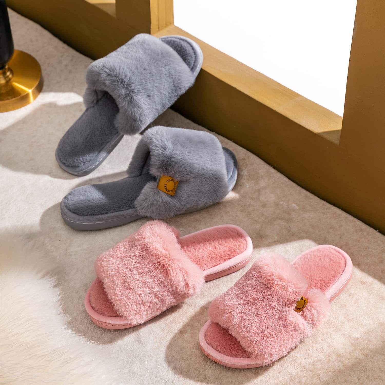 Onmygogo Indoor Slippers for Women Open Toe with Memory Foam, Soft Faux Fur Nonslip House Slippers - Image 8