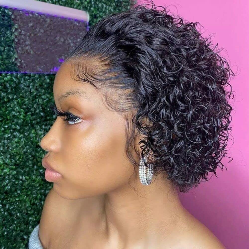 Pixie Cut 13x1 Transparent HD Lace Front Wigs Human Hair Pre Plucked Hairline Pixie Cut Wig Short Curly Glueless Wigs for Black Women Brazilian Virgin Hair 150% Density Natural Color 6 Inch
