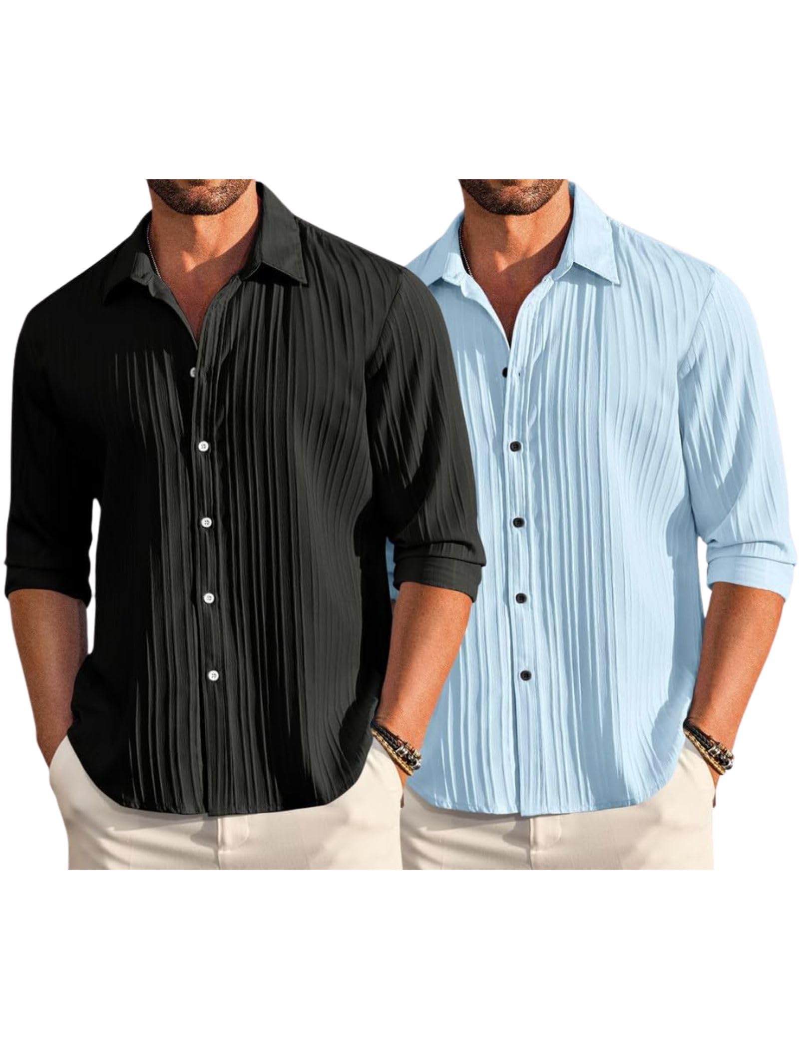 macsivo Combo of Men's Casual Button Down Shirts Long Sleeve Linen Shirt Fashion Textured Beach Summer Shirt Pack of 2-picture-15
