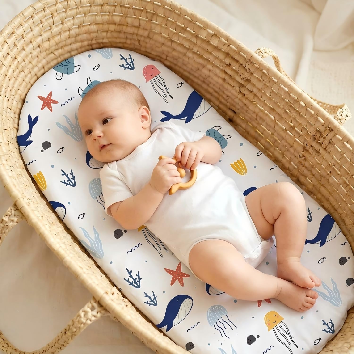 4 Pack Stretch Soft Baby Bassinet Sheet for Girls, Boys, Breathable Cozy Crib Sheets Fit for Hourglass Oval Rectangle, Bedside Sleeper Bassinet Sheets (Blue Ocean)