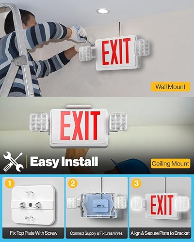 Miniatura 6 de Sunco - Paquete de 24 letreros de salida rojos con luces de emergencia, dos luces LED cuadradas ajustables, 94V-0, resistente al fuego, batería de