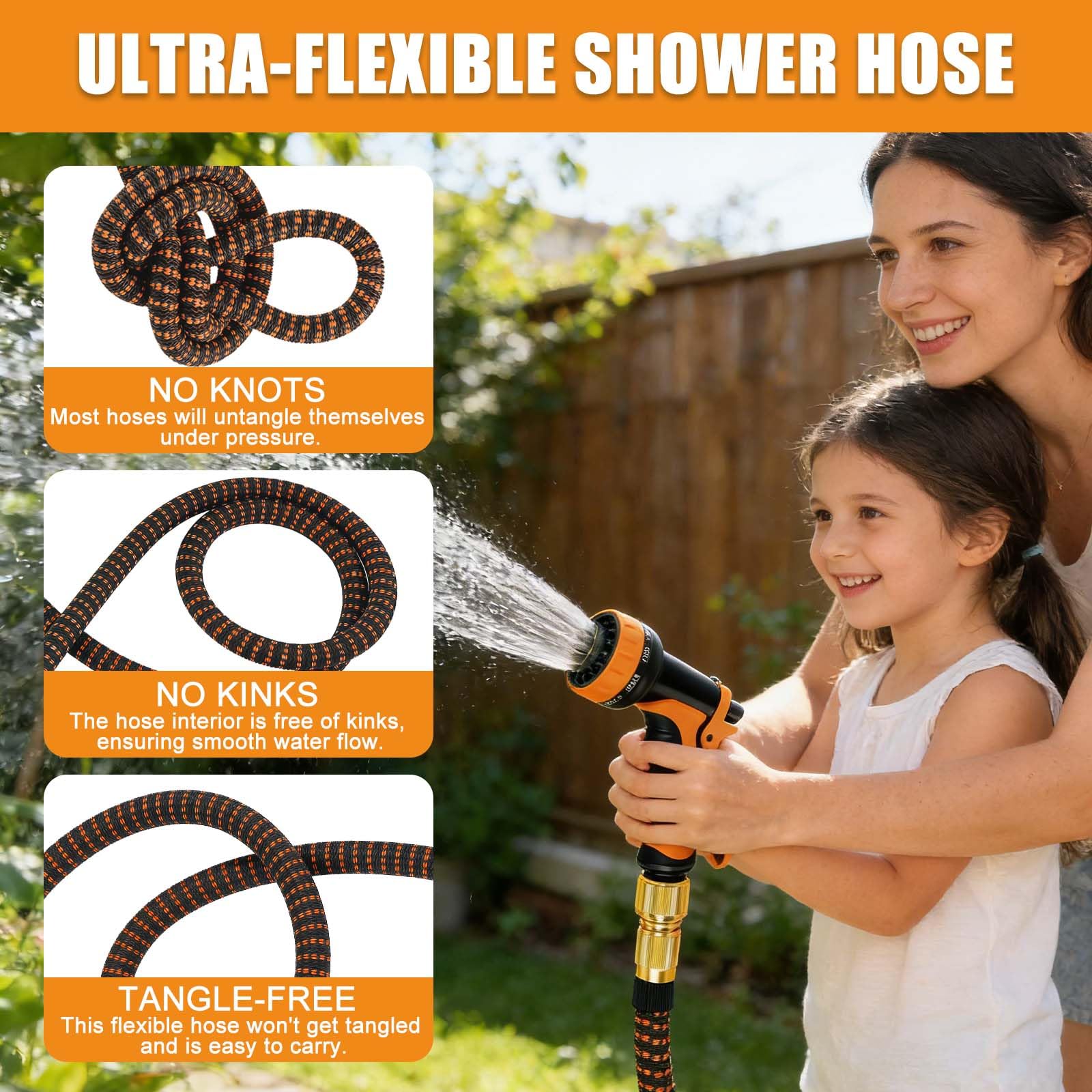 Manguera Jardín Extensible 30M 3750D Alta Densidad, Pistola 10 Modos Ajustables, Conectores Metálicos 1/2” y 3/4” Antifugas, Ultraligera Enrollable con Bolsa y Soporte(Naranja)