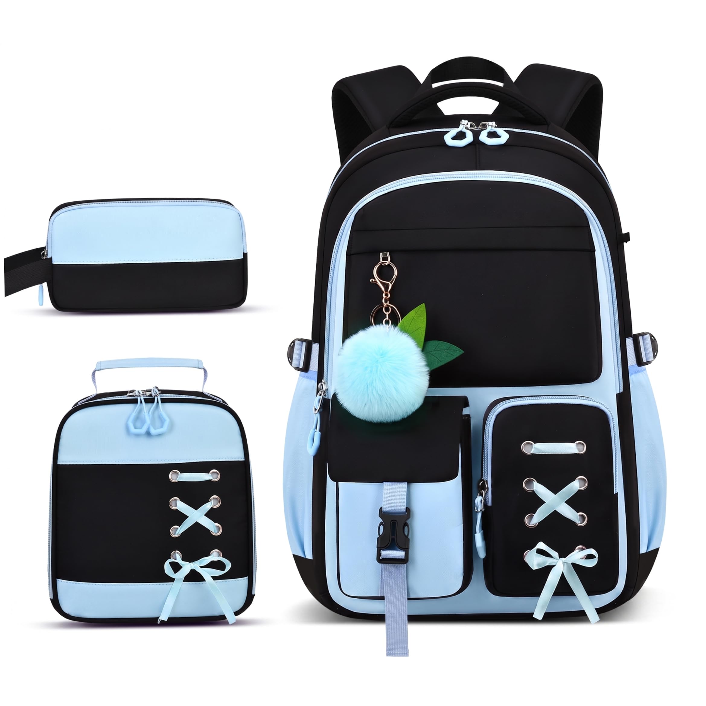 Zaino per ragazze con portapranzo, zaino con fiocco da 3 pezzi, multitasche blu con cinghie traspiranti, poliestere impermeabile per la scuola e i viaggi delle ragazze