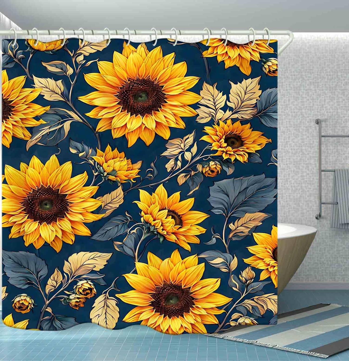 LYFANS Sunflower Shower Curtains, Art Flower Design Waterproof Fabric Shower Curtain, Bathroom Shower Curtain Set Plant Shower Curtains 72 "Wx72 L inches, with Hooks.