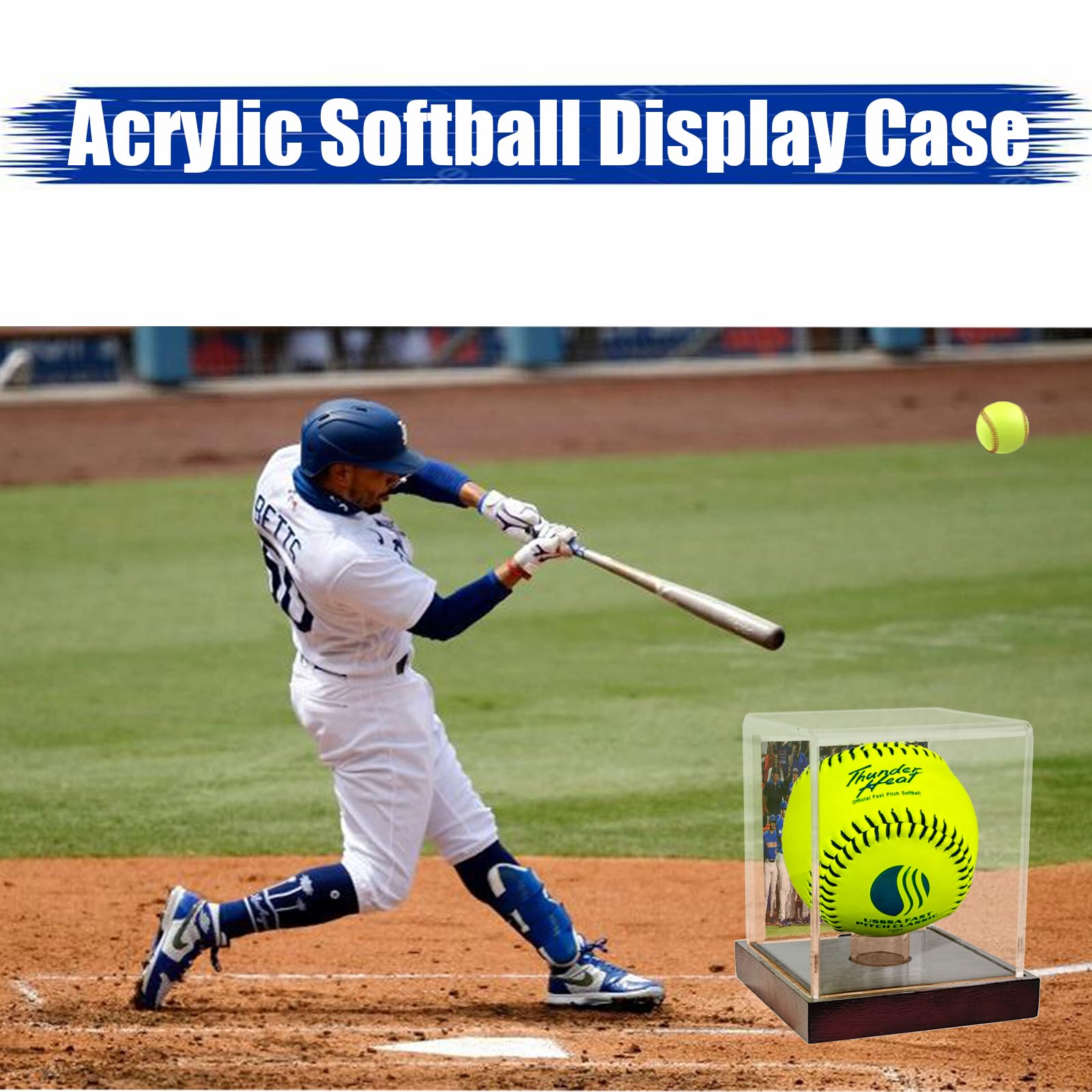 Vitrina de sóftbol, soporte de bola de acrílico transparente, cubo con protección UV con base de madera, caja de colecciones deportivas de campeonato (tamaño de 4.3 pulgadas)
