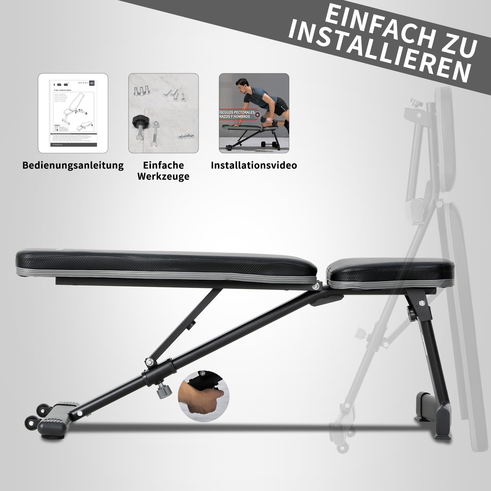 ISE Vergrößerte Hantelbank Klappbar Multifunktion Schrägbank mit 6-Fach Verstellbarer Rückenlehne Bankdrücken, Trainingsbank für Ganzkörper-Workout, Fitnessbank für zu Hause SY-5021