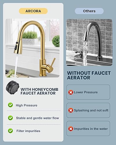 Miniatura 4 de ARCORA Cabezal rociador para grifo de cocina, dorado cepillado, boquilla rociadora de fregadero de cocina de 3 funciones con 9 adaptadores, repuesto