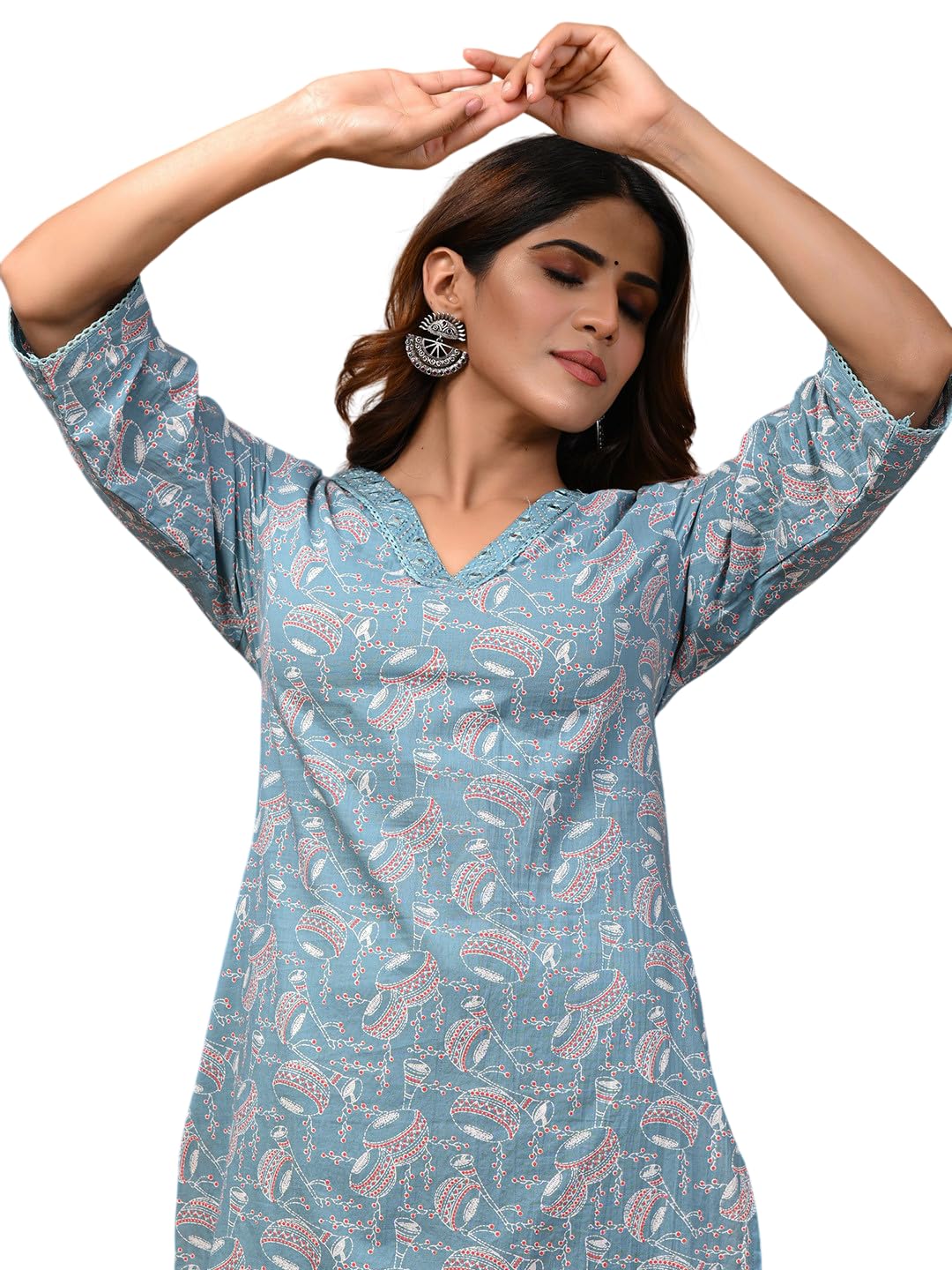 Women’s Cotton Printed Kurta with Embroidered V-Neck Detail | Straight Fit Ethnic Wear for Casual, Office & Daily Use-image-12