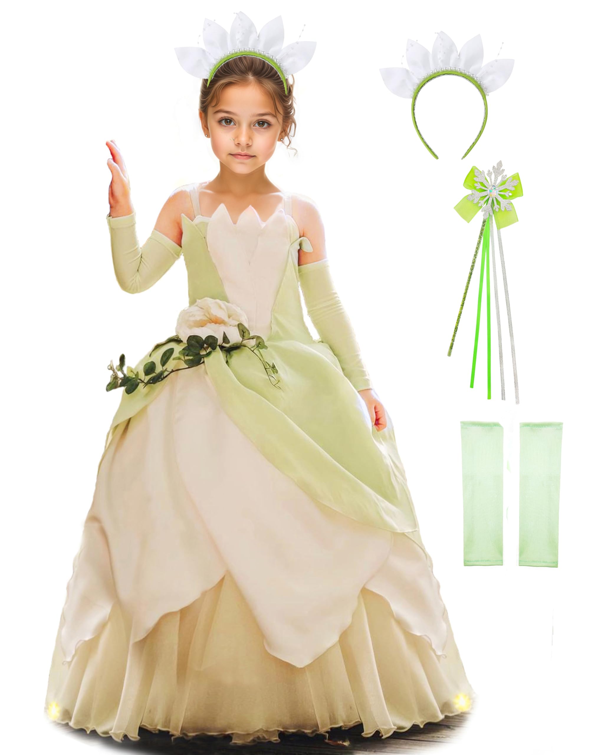 Princess Costume for Girls Fancy Fairy Halloween Party Dress Up Toddler Baby Tale Role Play Green Dress Tiana 3 4-5 years