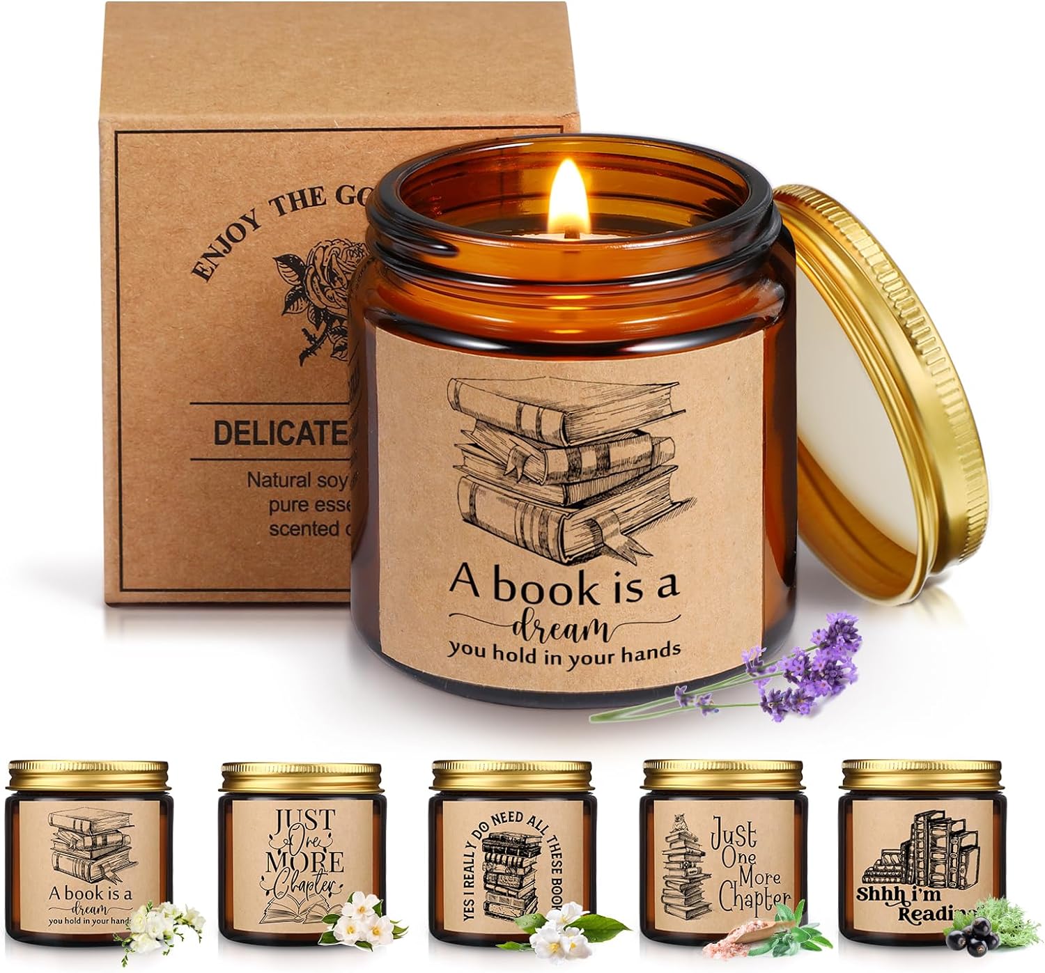 MTLEE 6 Pcs Book Lover Gifts 3.5 oz Book Scented Candle Library Rustic Bookshelf Sign Soy Wax Jar for Readers Writers Club Decorations Team Gifts for Employees Students Teacher Office (Brown)