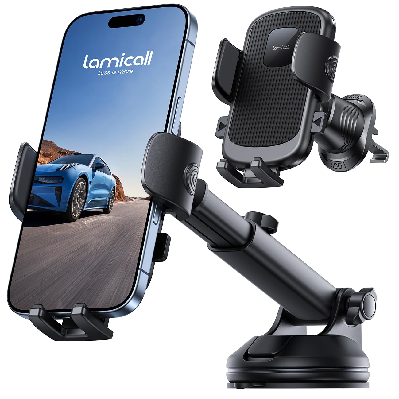 Lamicall Car Phone Holder Mount [3-in-1 Military-Grade Suction Cup] 360° Rotation Phone Holders for Your Car [Metal Hook] Cell Phone Car Mount Dashboard Vent Windshield for iPhone 16 All Smartphone