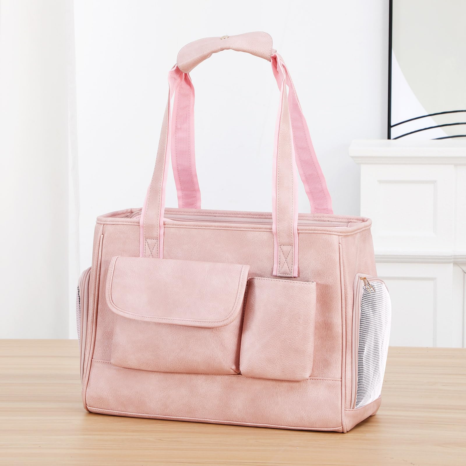 Hundetragetasche, modische Leder-Haustier-Tragetasche, von Fluggesellschaften zugelassen, weiche Seiten, Katzen-Reisetasche mit Taschen, Rosa