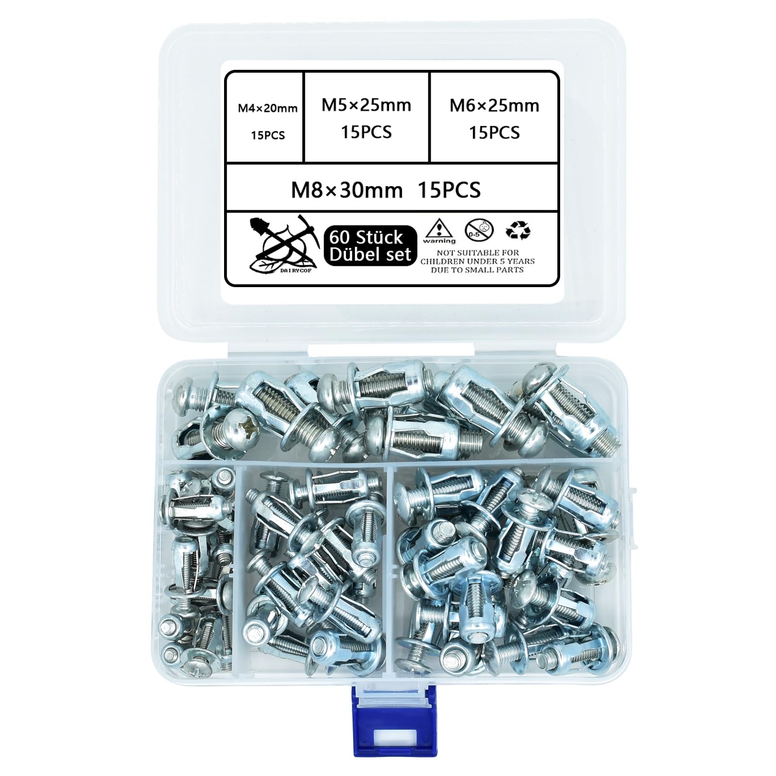 DAIRYCOF Hollow Metal Petal Jack Nuts 60Pcs M4/5/6/8mm for Cavity Wall-Hollow Wall Anchors Door Fixings Expension Nuts for Plasterboard Iron Sheet Wooden Board