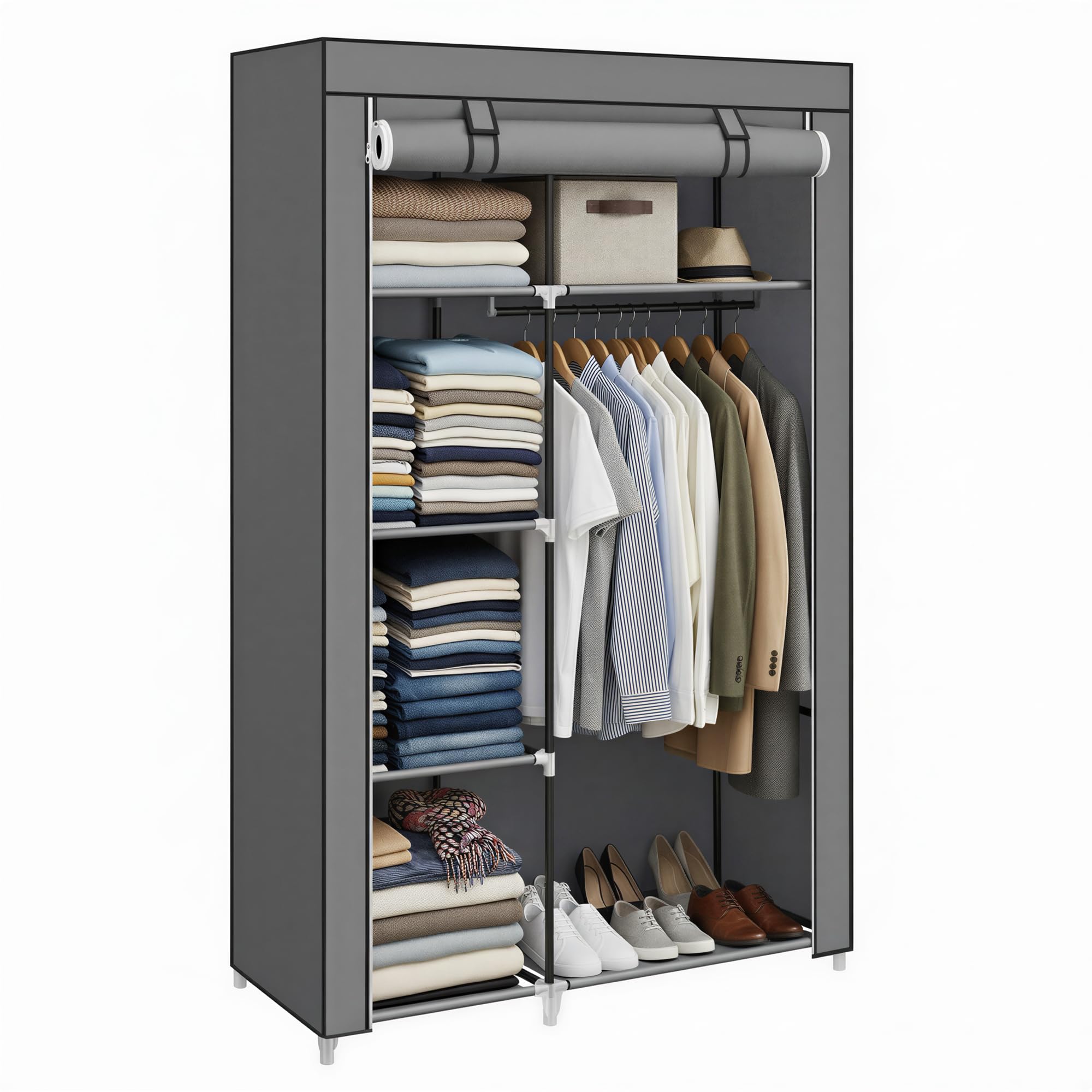SONGMICS Fabric Wardrobe, Clothes Storage Organiser, 6 Shelves, 1 Hanging Rail, Non-Woven Fabric, Metal Frame, 45 x 105 x 168 cm, for Bedroom, Dressing Room, Grey RYG085G02