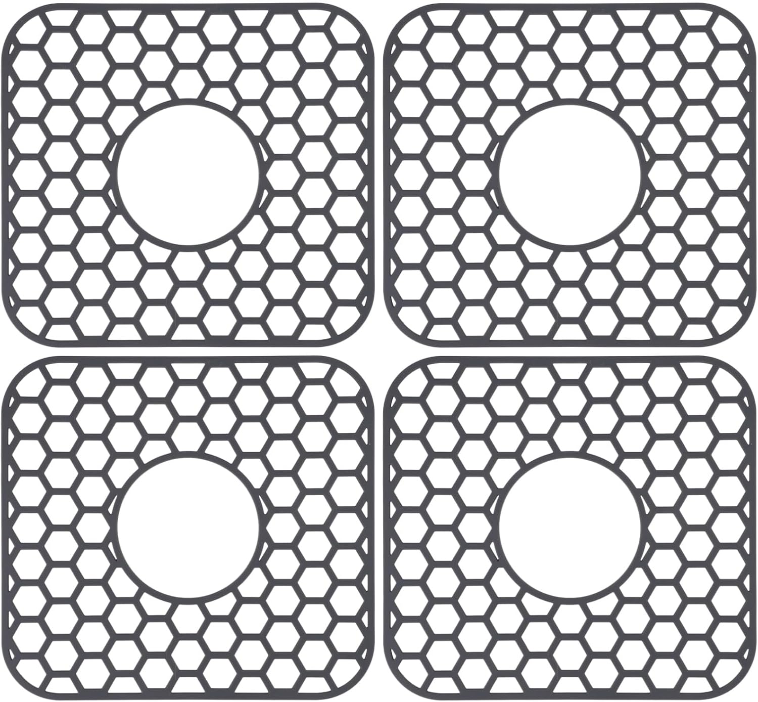 4 Pcs Silicone Sink Protectors - 12.4” x 11.5” Honeycomb Kitchen Sink Mat with Center Drain, Non-Slip Heat-Resistant Sink Grid for Bottom of Porcelain & Stainless Steel Sink