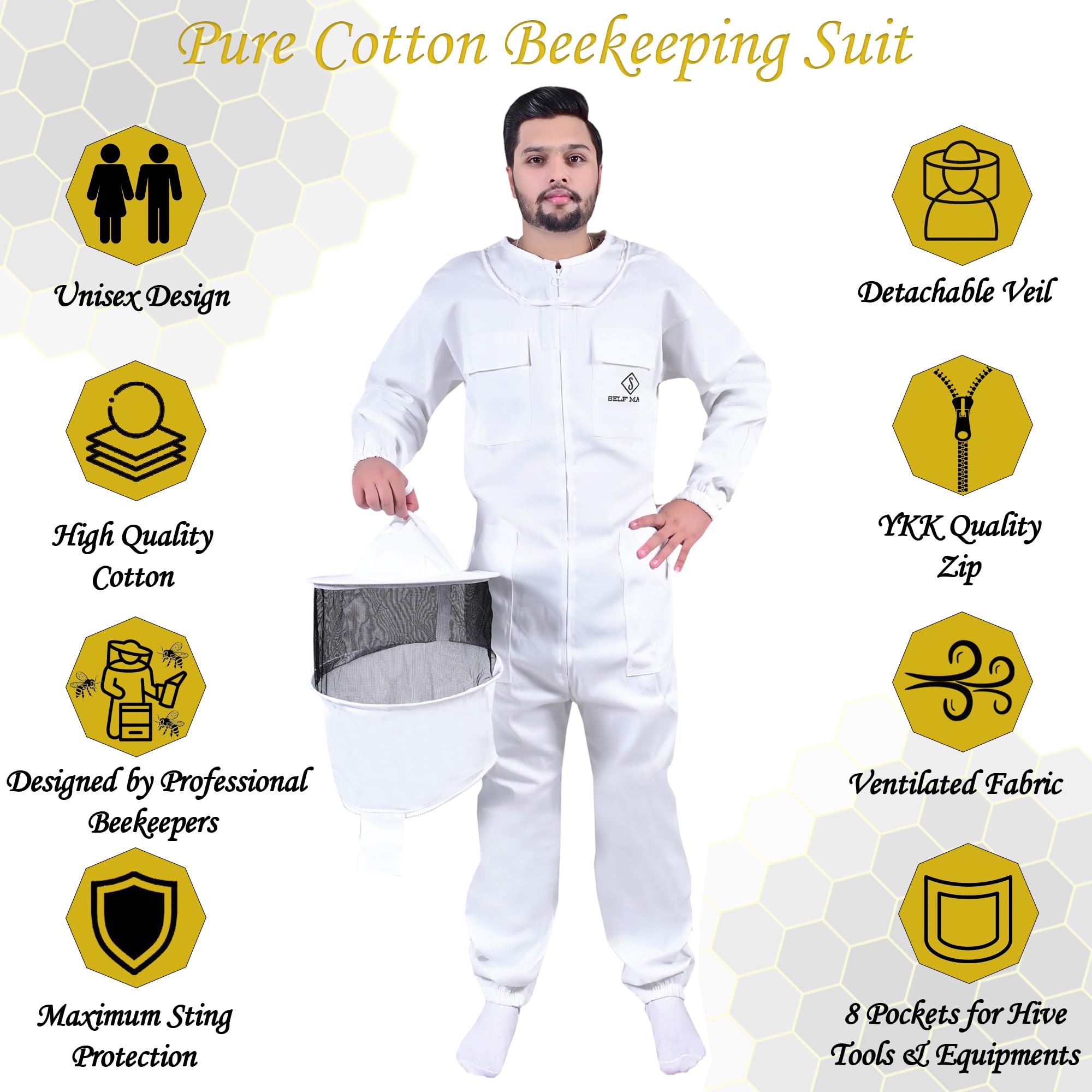 Bee Suit Traje de apicultura profesional de polialgodón de cuerpo completo con sombrero, chaqueta y pantalón protectores, equipo de apicultores para hombres y mujeres (Velo redondo, S)