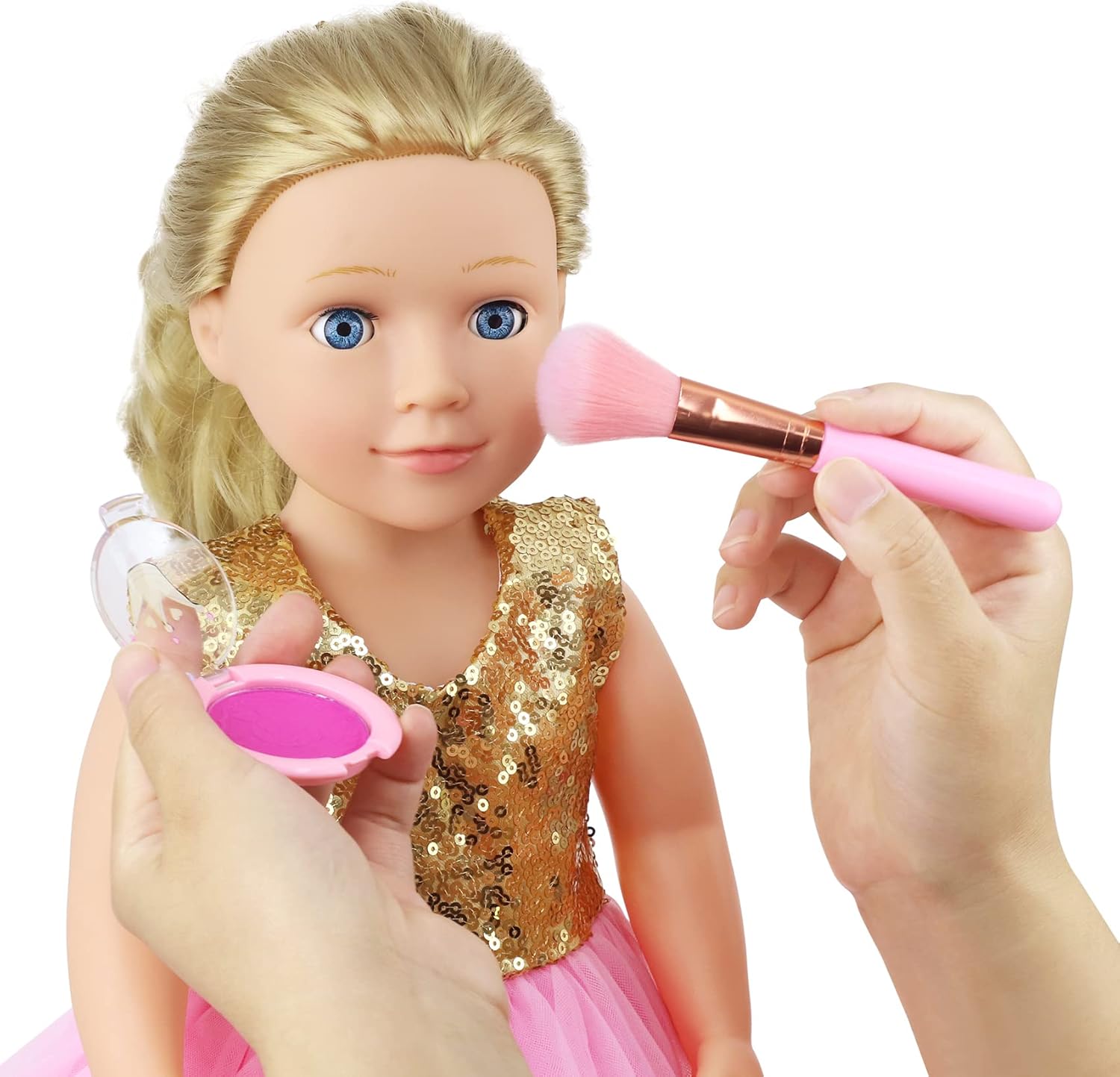Ecore Fun 19-Piece 18 Inch Doll Clothes & Makeup Set with Dress Cosmetic Bag Brushes Eye Shadow Blushers Hairclip Hair-Ties Combs Mirror Nail File Accessories, Gift for Ages 3+