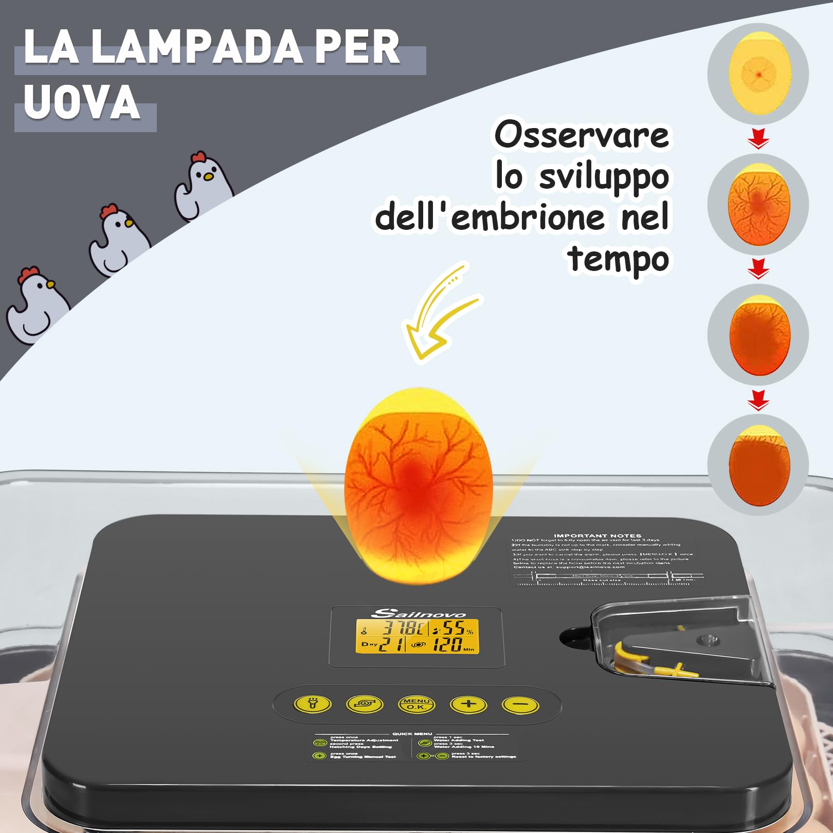 Sailnovo Incubatrici Automatica Per 56 Uova, Incubatrice Con Led Per Uova, Temperatura Uniforme, Tornitura Automatica Delle Uova E Umidificazione Automatica Grigio 47.5cm*41cm*16cm